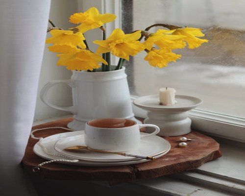 A quiet morning scene with a cup of tea by the window